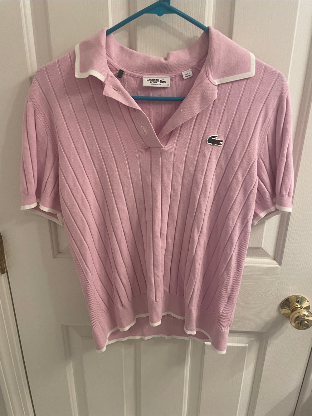 Lacoste Pink Collared Short Sleeve Knit Top with White Trim